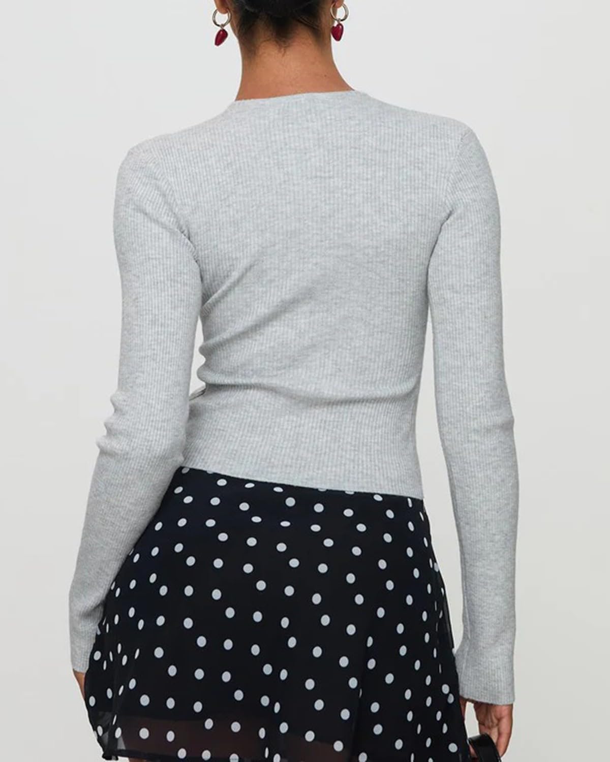 Women Casual Front Open Button Down Ribbed Cropped Cardigan Y2k Crewneck Slim Fit Long Sleeve Sweater Shirts - Image 3