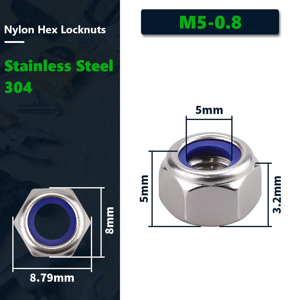 M5-0.8mm (100 Pack) Nylon Inserted Hex Locknuts, 304 Stainless Steel 18-8 Lock nut, Finish Hex Lock Nut
