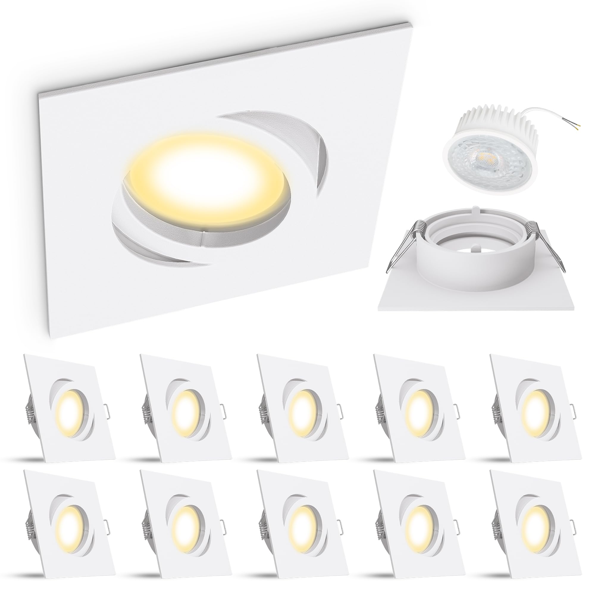 linovum 10er Set LED Deckeneinbaustrahler in weiß eckig schwenkbar - mit LED Modul 4W 230V warmweiß - extra flache Spot Einbaustrahler