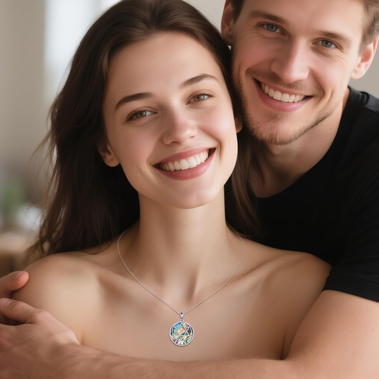 Collana con ciondolo a forma di stella di David, in argento Sterling 925, con conchiglia di abalone e fasi lunari, gioiello da donna