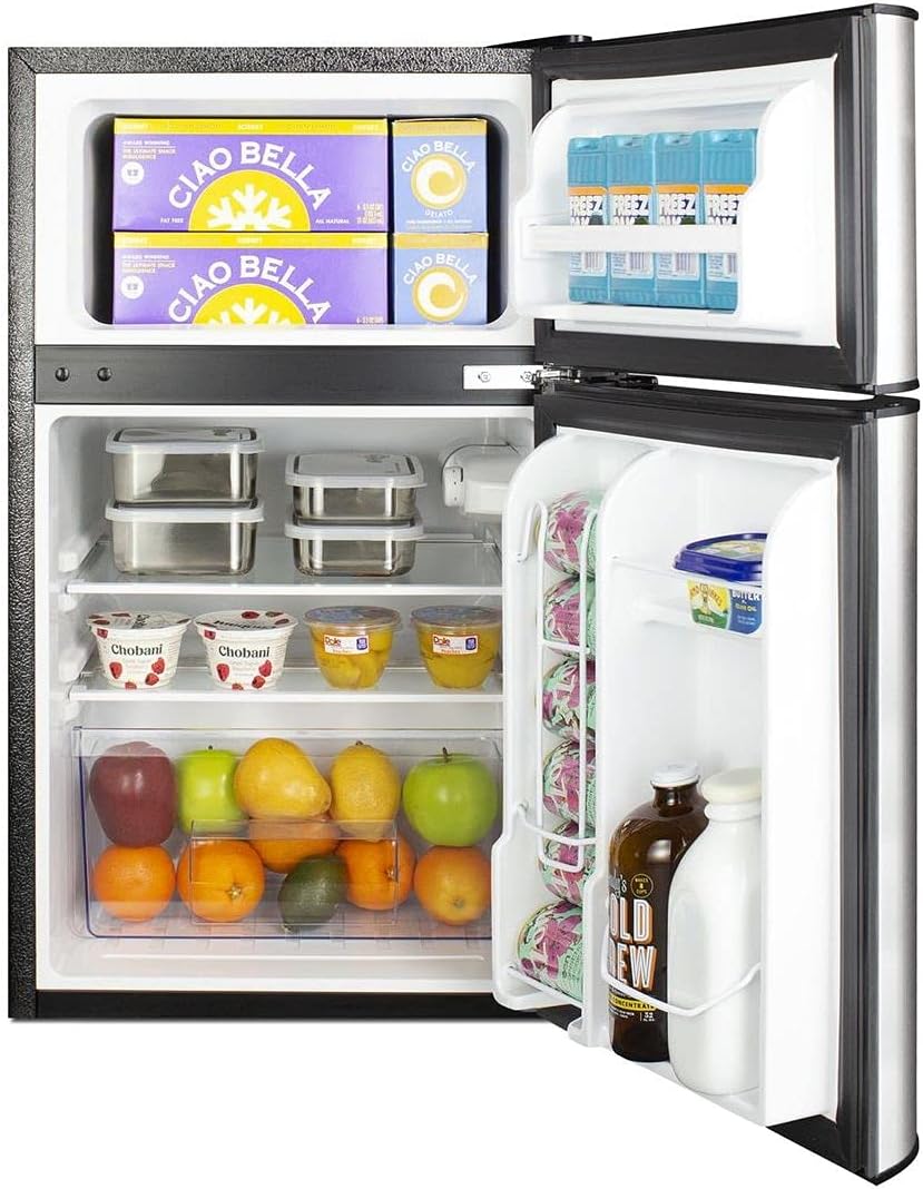 Summit Appliance CP34BSS 2-Door Refrigerator-Freezer, 19" Wide, 3.2 cu.ft Capacity, Adjustable Glass Shelf, Cycle Defrost, Adjustable Thermostat, Right Hand Door Swing, Leveling Legs