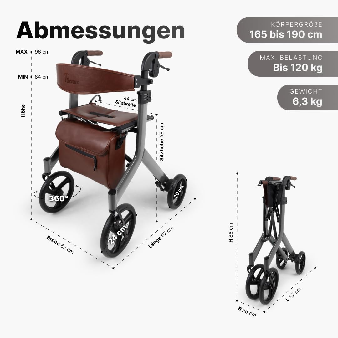 Vesta Rollator - Leicht (6,3kg), faltbar - Mit integriertem Bremssystem, gepolsterter Sitz- und Rückenlehne, Tasche, Stockhalter - Ideal für Alltag - Gehhilfe für Senioren - Silber