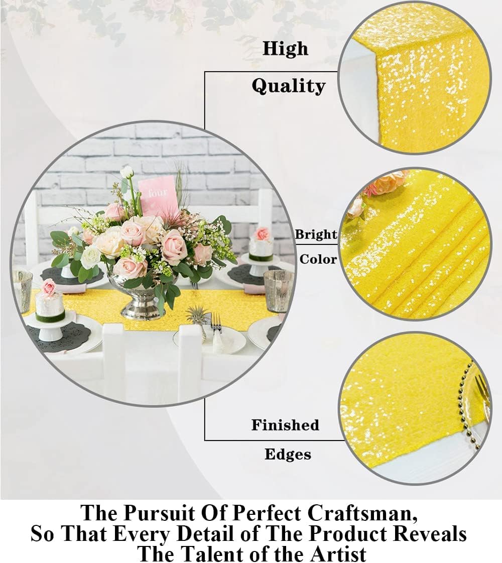 Sequin Table Runner Long 12x120 Table Runner Glitter Table Runner Dining Room Table Runner Christmas Table Runner and Sequin Table Cloth Runner for Party Wedding Decorations (12x120, Yellow)