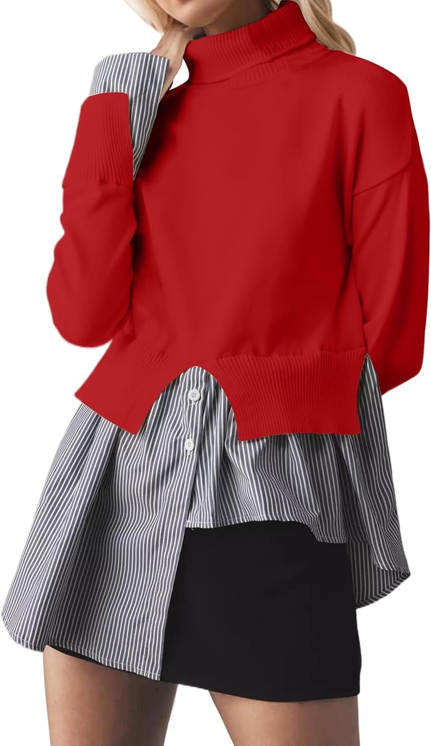 Womens Turtleneck Peplum Patchwork Sweater 2 in 1 Slit Asymmetrical Hem Pullover Sweater Striped Contrast Shirts Top