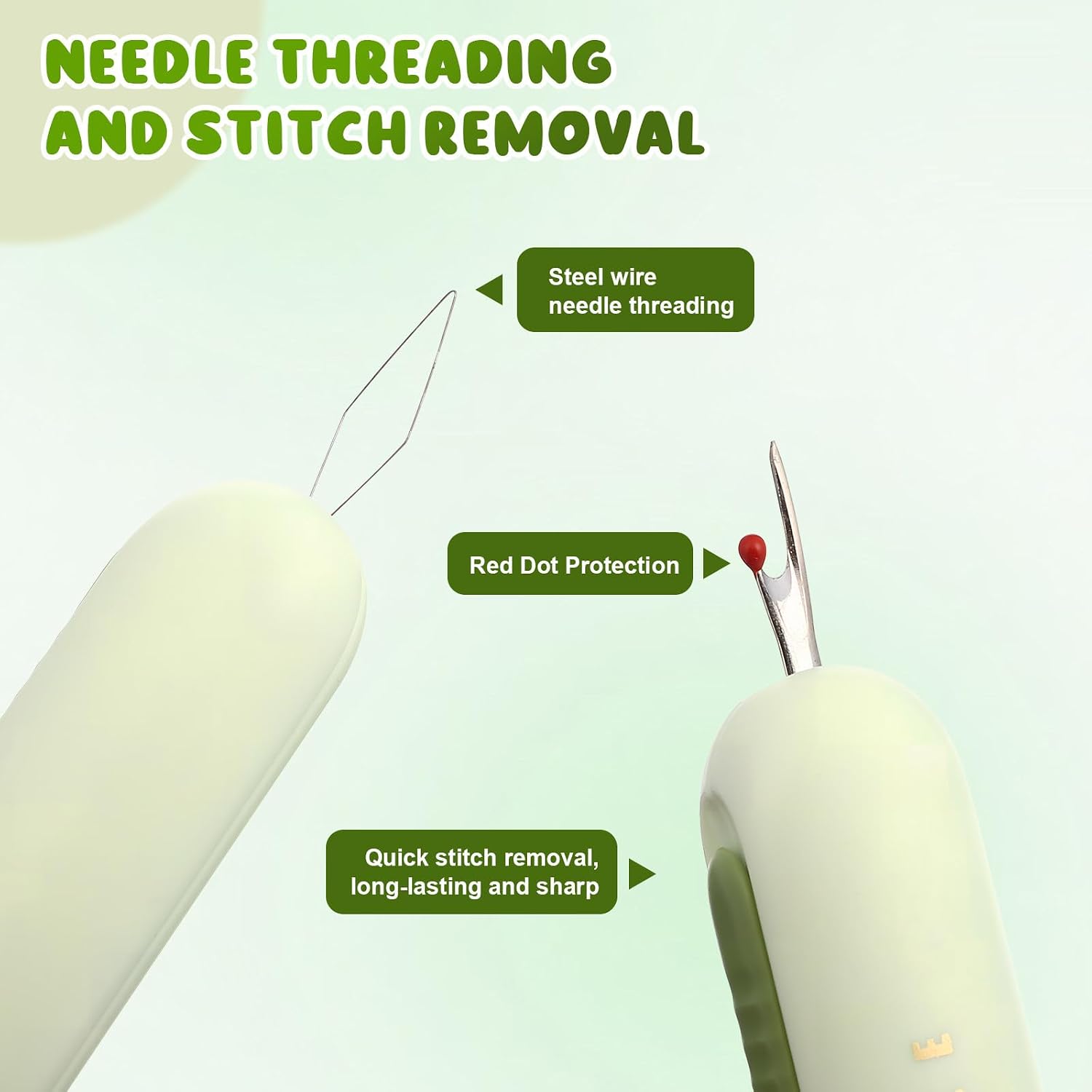 FELTECHELECTR 3 Pcs Needle Threader Seam Ripper Sewing Tools 2-in-1 Threading and Stitch Removal Kit for Hand Sewing with Green, Cream, and Gray Colors