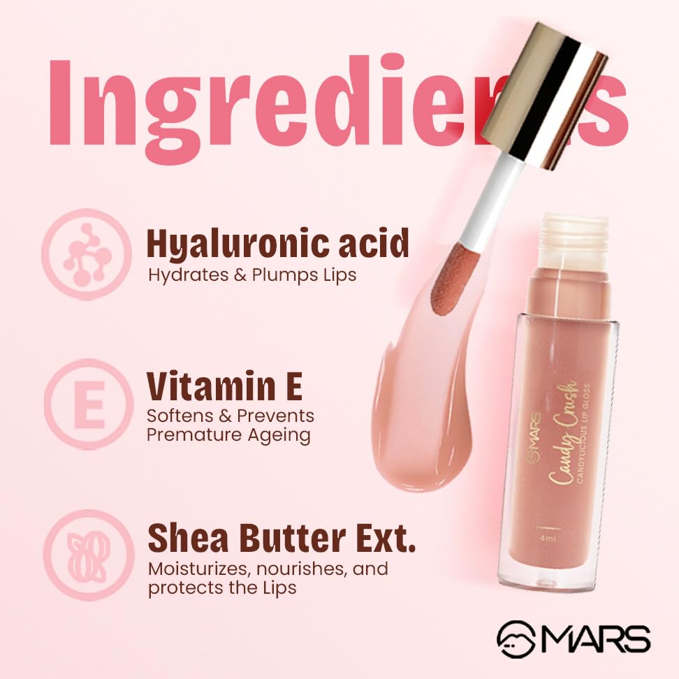Image of MARS Candylicious Sheer Lip Gloss for Women | Hydrating & High Shine | Lightweight | Non-Sticky | Enriched with Vitamin-E, Hyaluronic Acid & Avocado Ester (4.0ml) (01-CANDY CRUSH) (Pack of 2)