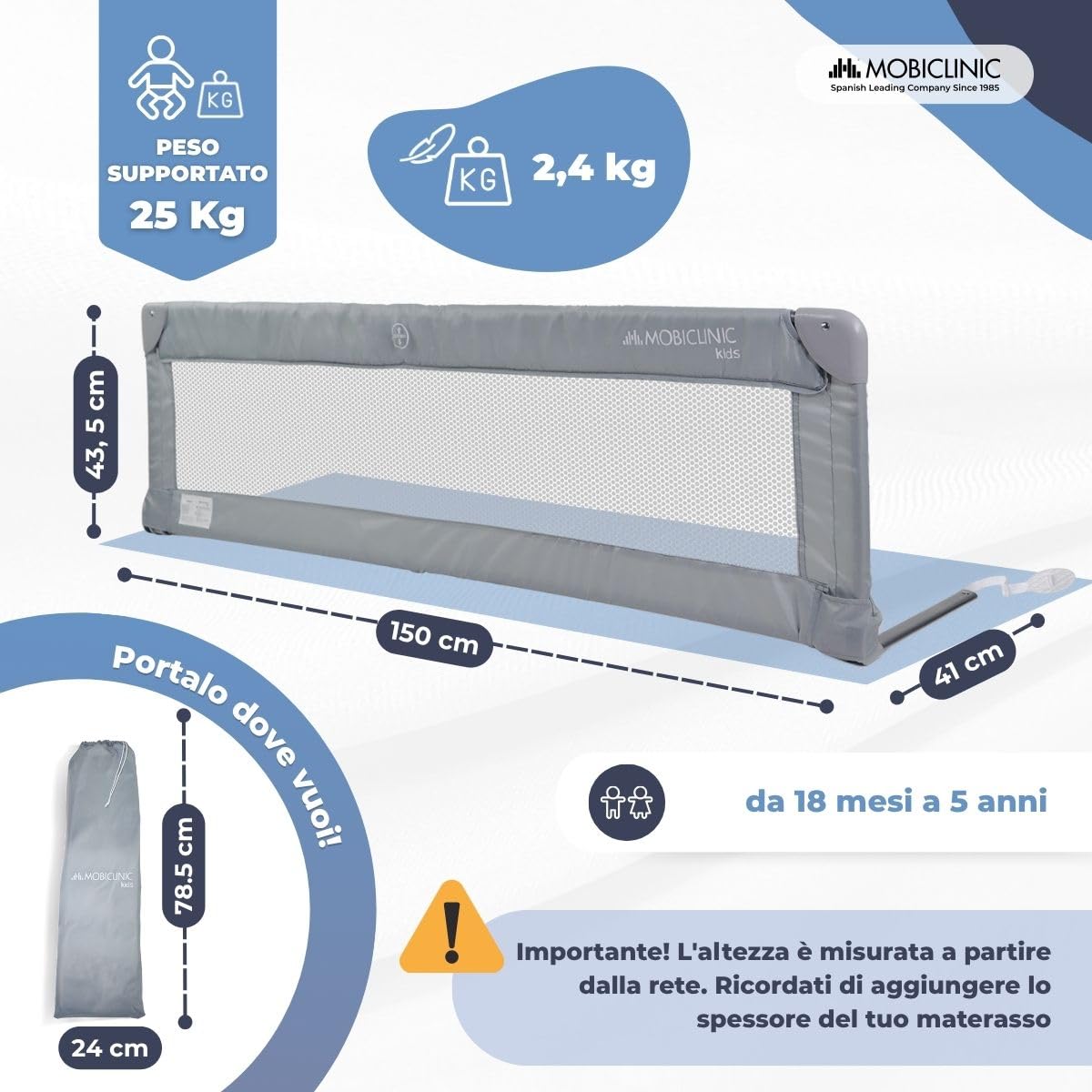 Mobiclinic®, Sponda da letto pieghevole, Dreamy, Fissaggio sotto materasso, Borsa per il trasporto, Barriera sicura e protettiva, Bambini 18 mesi a 5 anni, 150 cm