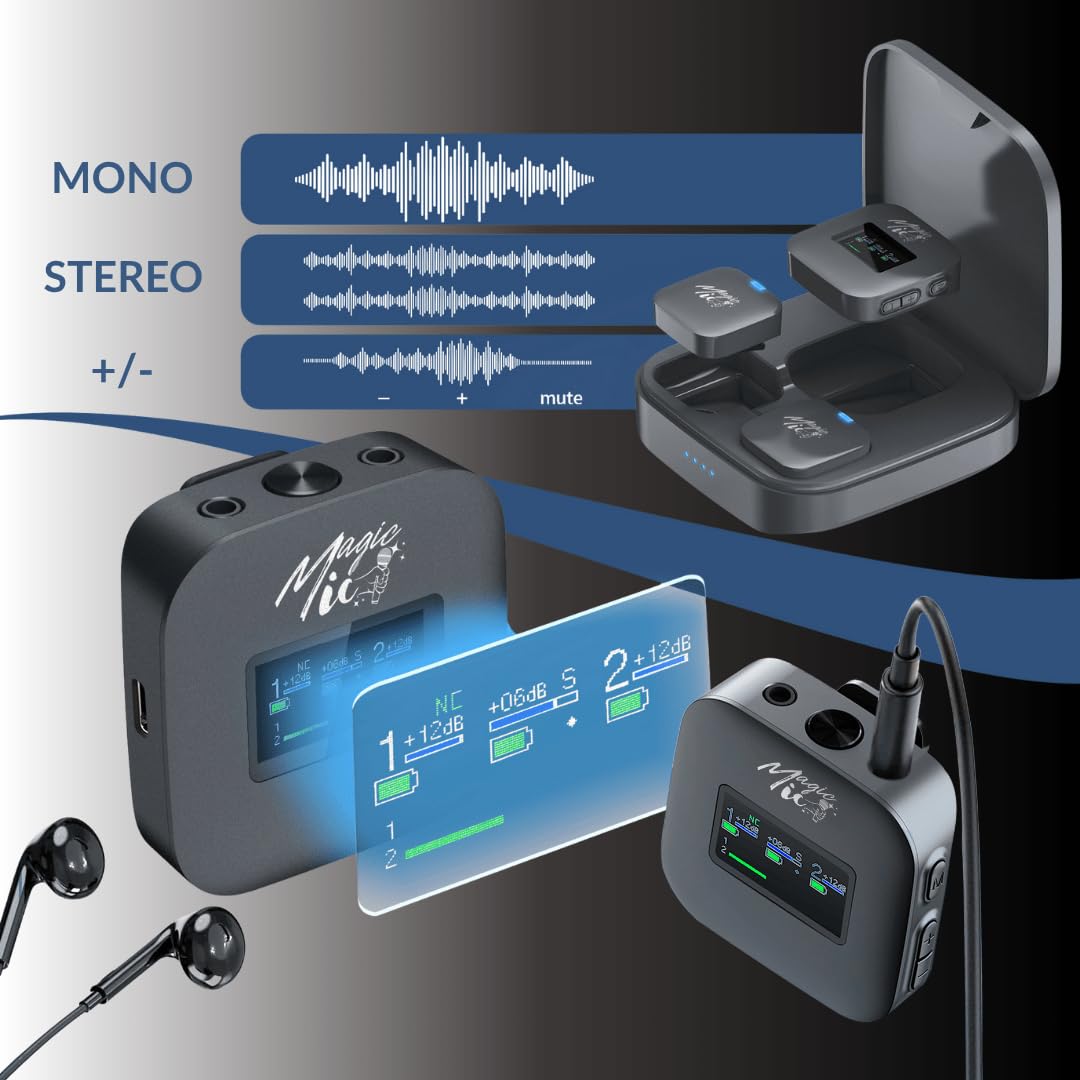 MagicMic™ 3 Pro Influencer Mikrofon Set LCD-Display, KI Geräuschunterdrückung, 20h Akku Stereo/Mono Modus, Lautstärkeregelung Kabelloses Mic für iPhone, Android, PC, YouTube, Vlogs (2 TX + 1 RX)