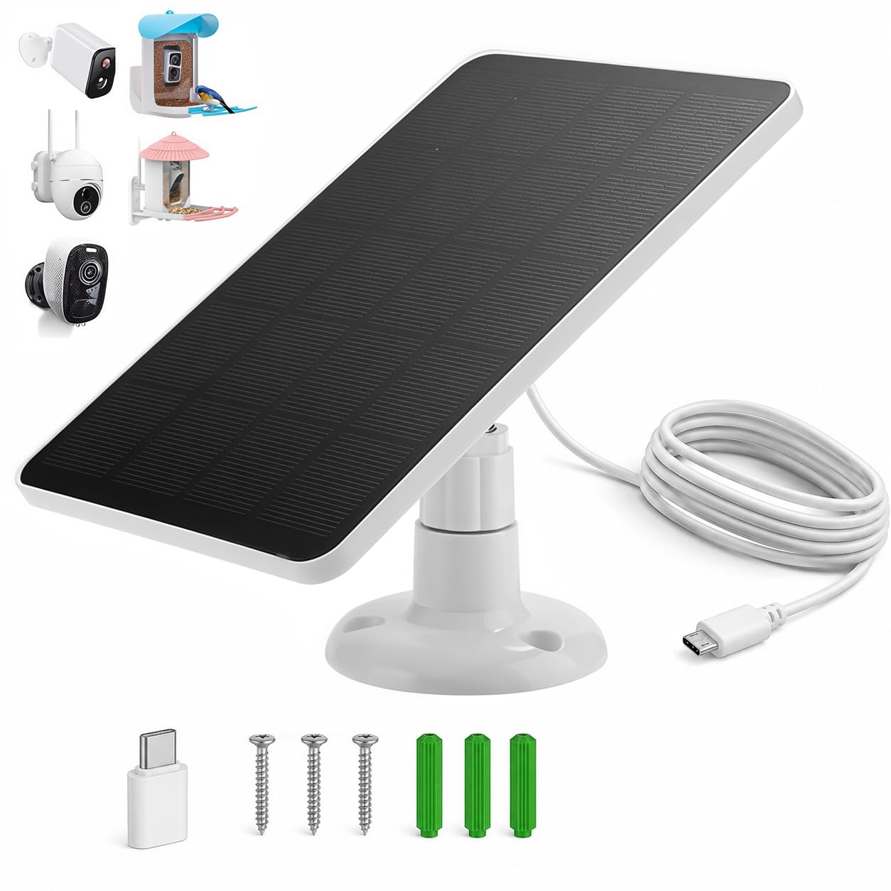 solar panel charger for security camera - 4w 5v waterproof solar panel for wireless outdoor camera, doorbell, bird feeder camera