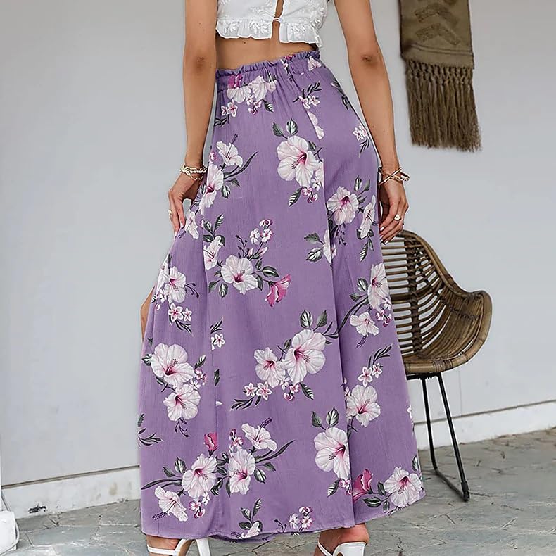 Women's Floral Side Split Slit Flowy Wide Leg Pants Boho Tie Front High Waist Pleated Wide Leg Pant with Belt4