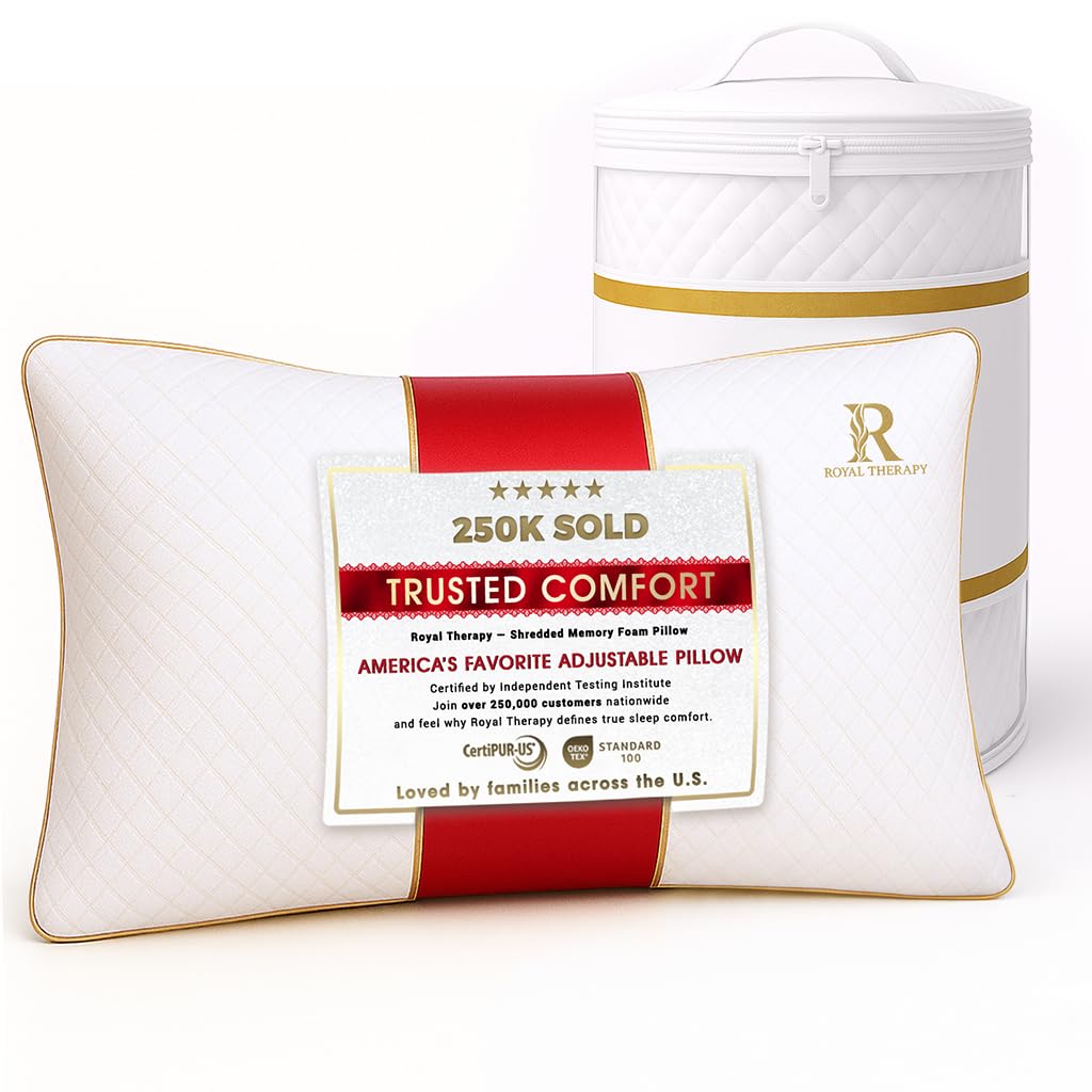 Royal Therapy King Memory Foam Pillows - Shredded Memory Foam Pillow for All Sleep Positions - Medium Firm Pillow with Adjustable Loft - Bamboo-Derived Rayon Cover - CertiPUR-US & Oeko-TEX Certified