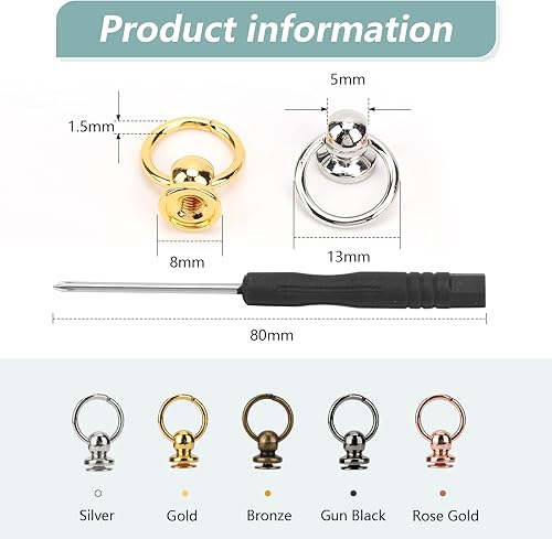 Miniatura 2 de 50 remaches de cabeza redonda con tornillo con destornillador para manualidades, cinturones de cuero, bolsos, teléfono, Cas (dorado)