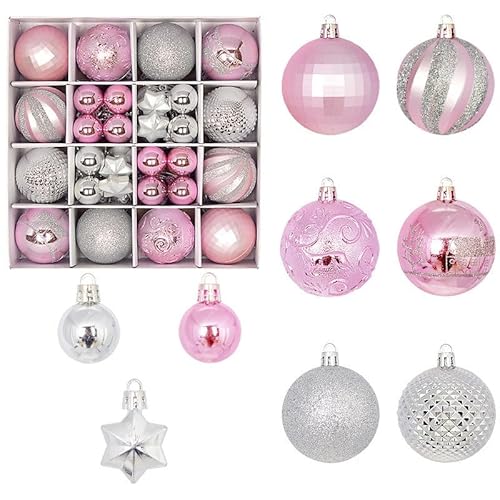 FUNLOV 44Pcs 3cm/1.18 Christmas Tree Baubles Shatterproof Plastic Xmas Balls Tree Decorations, Christmas Tree Pendants Gifts Holiday Party Festival Wedding Decor (Pink-Silver)