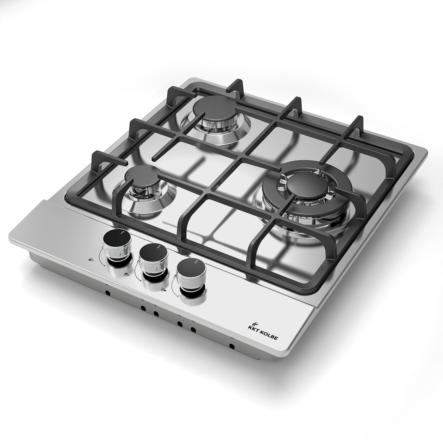 KKT KOLBE Piano cottura a gas da 44,5 cm, autonomo, 6,2 kW, 3 fuochi, regolabile in continuo, zona wok, senza cornice, controllo a manopola, supporti in ghisa, acciaio inox, gas propano, gas naturale