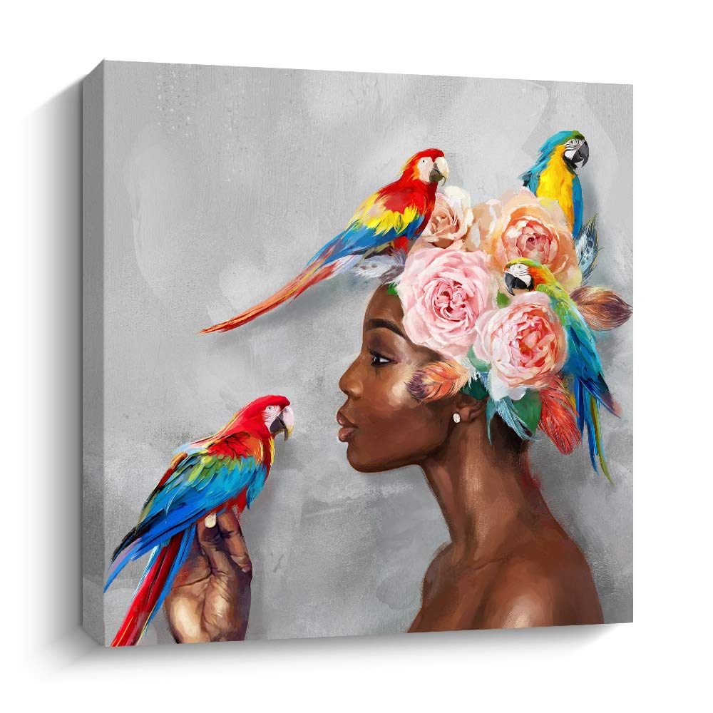Amazon.com: Pigort Woman Parrot and Pink Flowers Canvas Wall Art