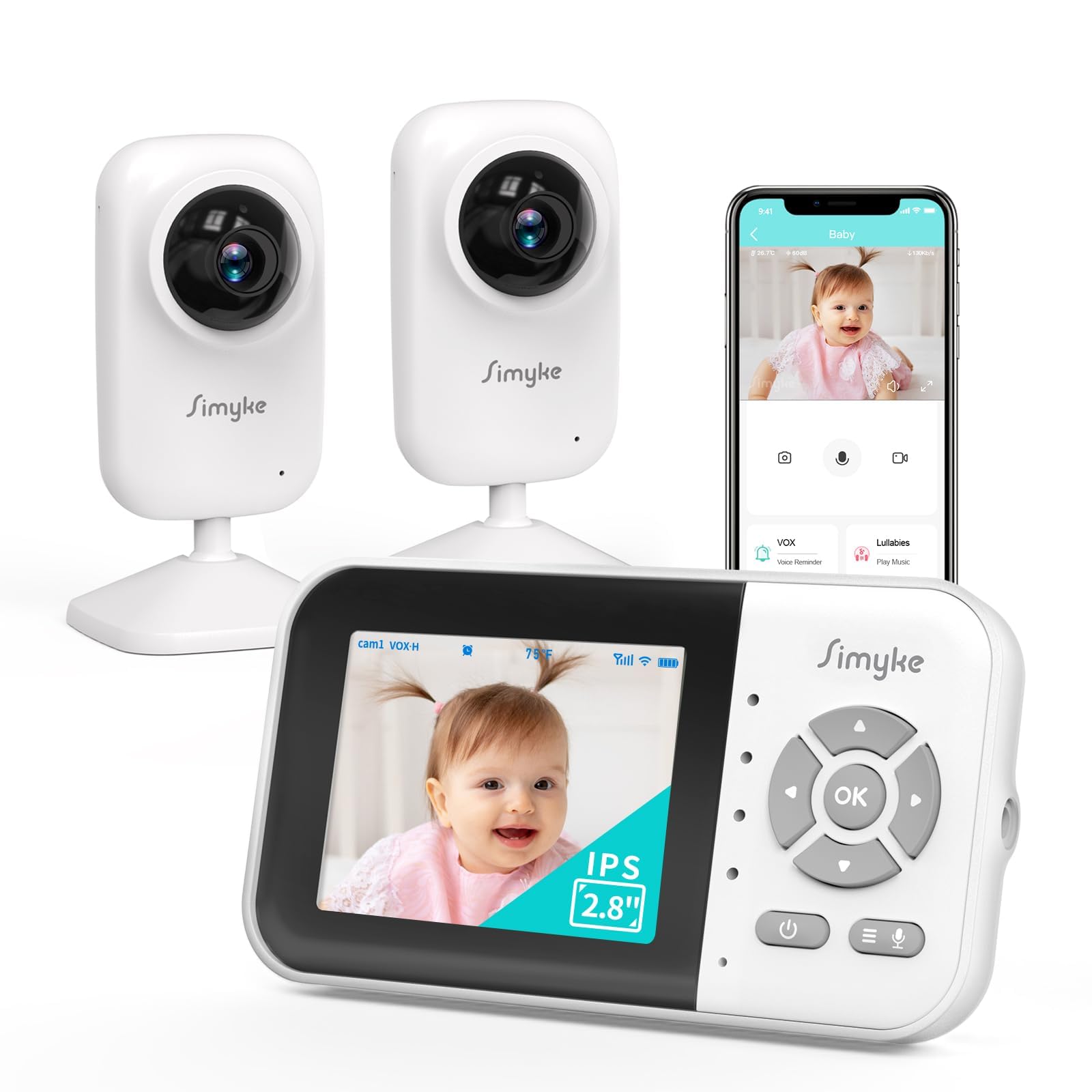 Simyke Babyphone 2 Caméras, écran IPS sans Fil Direct, Connexion APP WiFi 2,4G, Vision Nocturne Automatique, Batterie 2500mAh, Mode VOX, Appel bidirectionnel, détection de température.