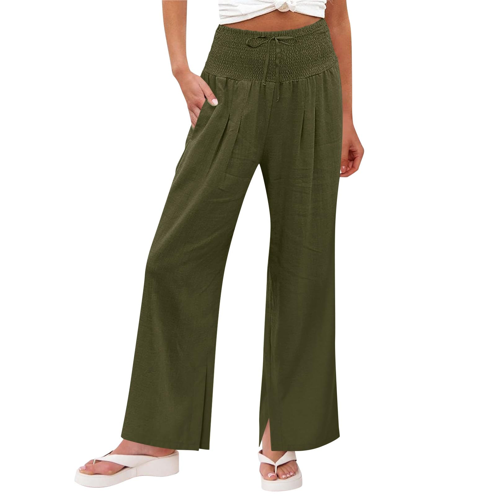 Linen Pants Women 2026 Summer Wide Leg Palazzo Pants High Waist Travel Flowy Trousers with Pockets Vacation Clothes — view 9