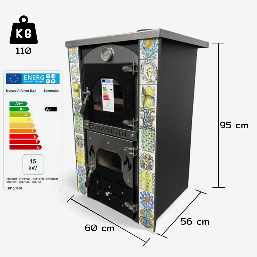 Stufa a Legna Con Forno - Esmeralda con Maioliche di Caltagirone - Potenza Riscaldamento 15 Kw, Stufa A Legna Economica In Acciaio Verniciato Antracite, Con Forno In Mattoni Refrattari, Made In Italy