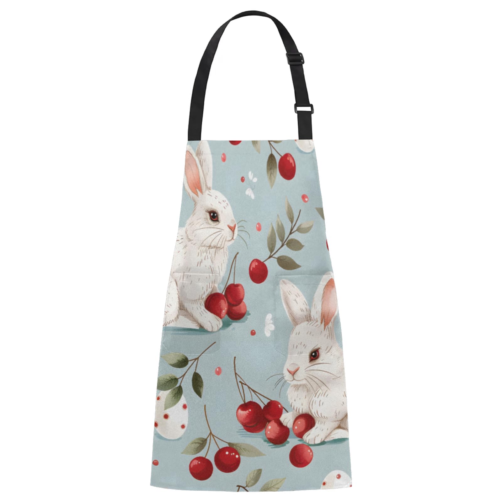Aglebo Rabbits Cherries Chef Apron with Pockets Adjustable Shoulder Strap Waterproof Cooking Apron for Kitchen Baking Gardening Pottery Painting