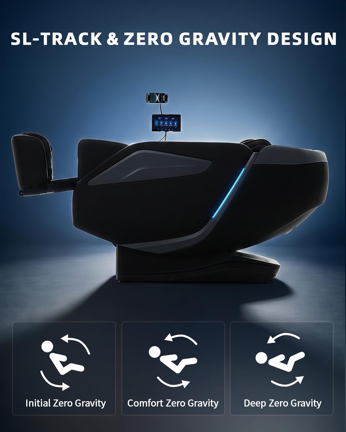 Ganzkörpermassagesessel Zero Gravity Body Scan 4D Shiatsu Massage Rücken Beinheizung AI Sprachsteuerung Bluetooth Lautsprecher SL Track Schwarz