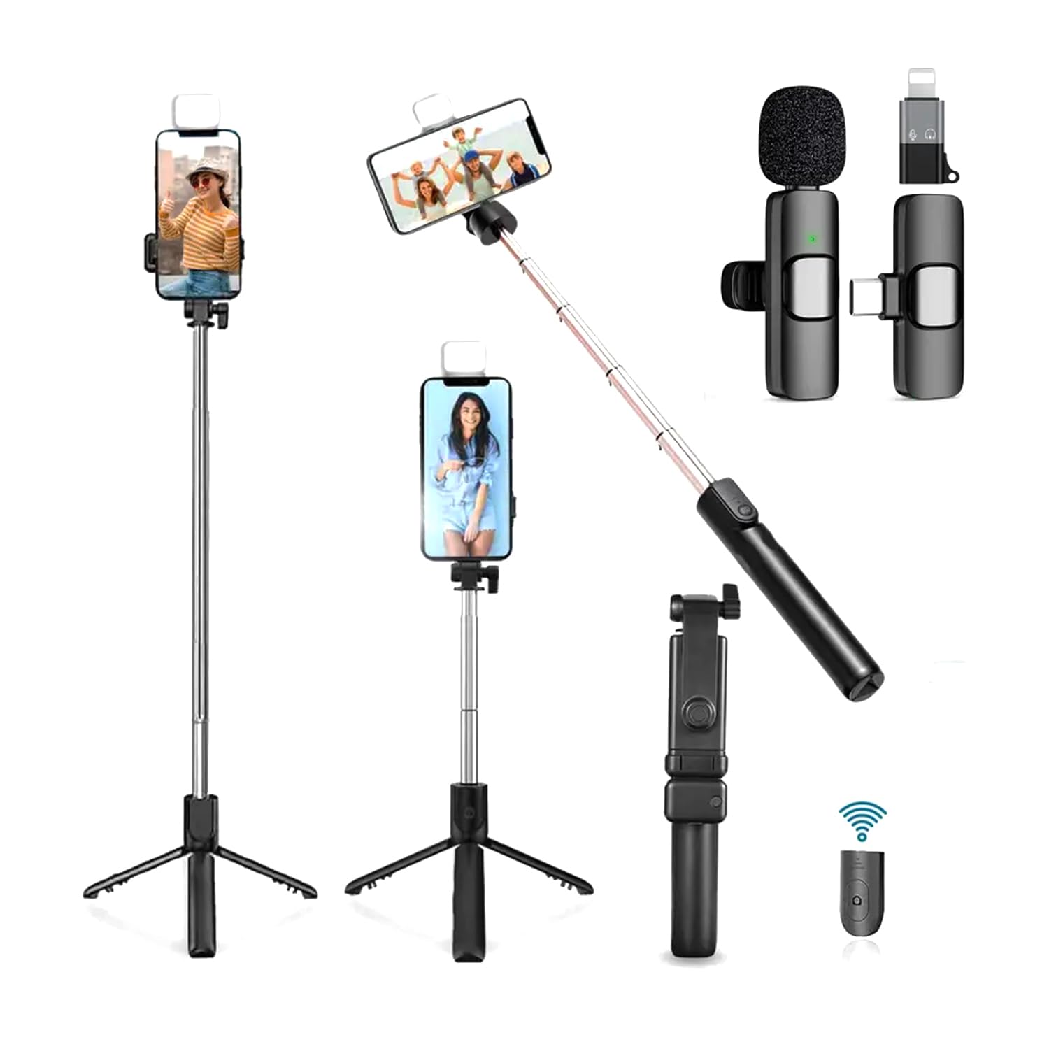USTINE® SnapX1s Vlogging Kit with Fill Light & Wireless Mic | 3-in-1 70cm Extendable Selfie Stick Tripod with Bluetooth Remote + K8 Mic for YouTube, Reels & Vlogs (Android/iPhone)-image-44