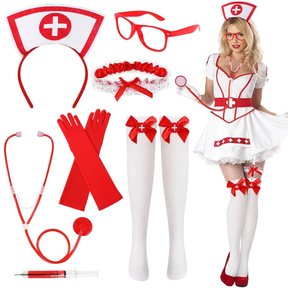 Set da infermiera Costume infermiera Halloween Accessori con cappello e stetoscopio, giarrettiera, calze rosse con croce bianca e penna a siringa, per donne e ragazze, accessori per Halloween