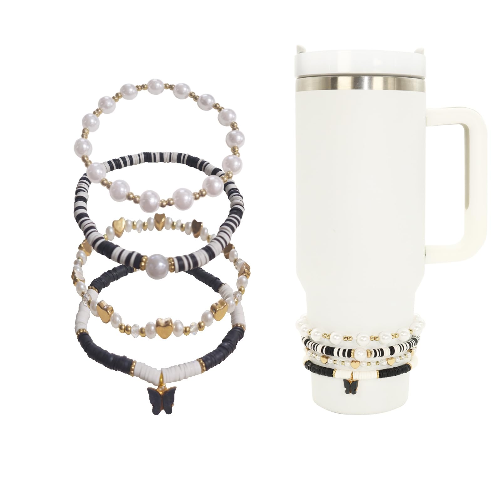 RENUIS Bracelets for Stanley Cup Accessories, 4Pcs Bracelet Stack Charms for Stanley 30oz & 40oz Tumbler with Handle, Delicate Beads Charm Attachments