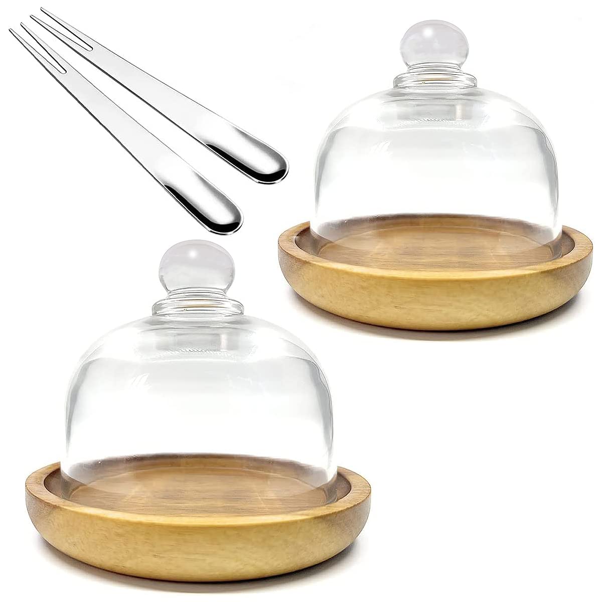 2 Pack Wooden Base Mini Cake Display Stand with Glass Dome,Cloche Clear Glass Bell Jar Cover for Dessert Cheese Candy Plants Succulents (4.1 x 3.7 Inch)