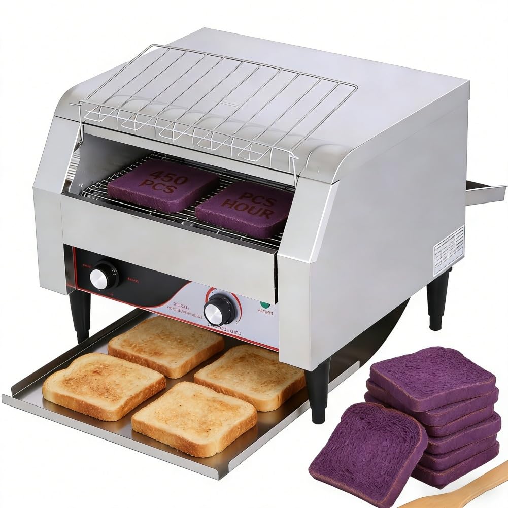 450 pieces/H Commercial Conveyor Toaster, 2600W Heavy Duty Stainless Steel Industrial Electric Oven with Dual Heating Tube, 7-Speed Adjustments for Restaurant Bakery Home Use(350pieces/H)