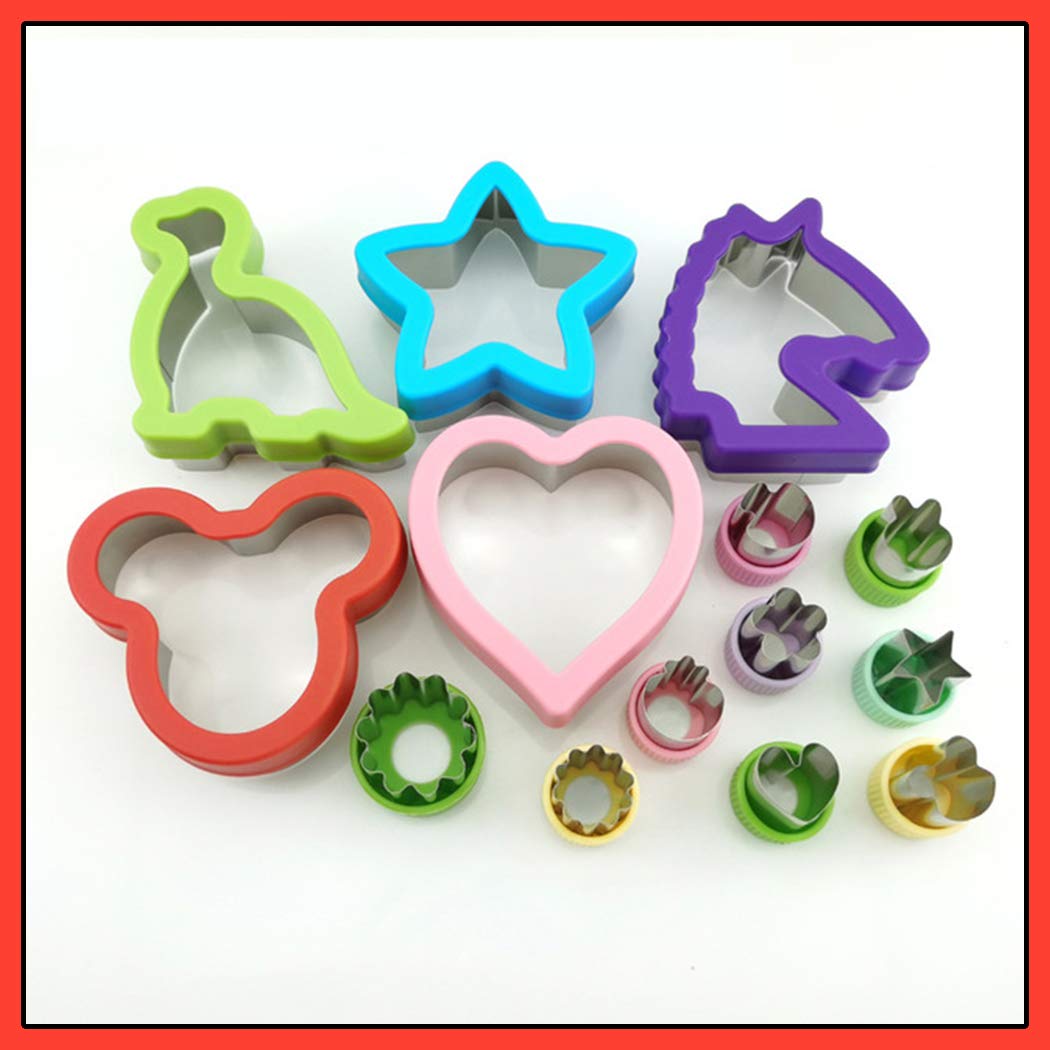 14 Pieces Sandwich Cutters for Kids, 5 Pcs Stainless Steel Bread Cookie Cutter (Mickey Mouse, Dinosaur, Star, Heart, Unicorn Shape) and 9 pcs Vegetable Fruit Cutter with Comfort Grip for Bento Lunch