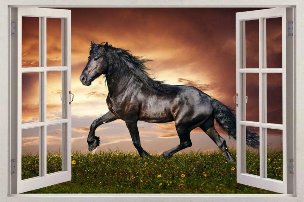 HQSM Breakthrough Wall Sticker 3DNoble Black Horse 3D Window Decal Wall Sticker Home decorationwall Sticker