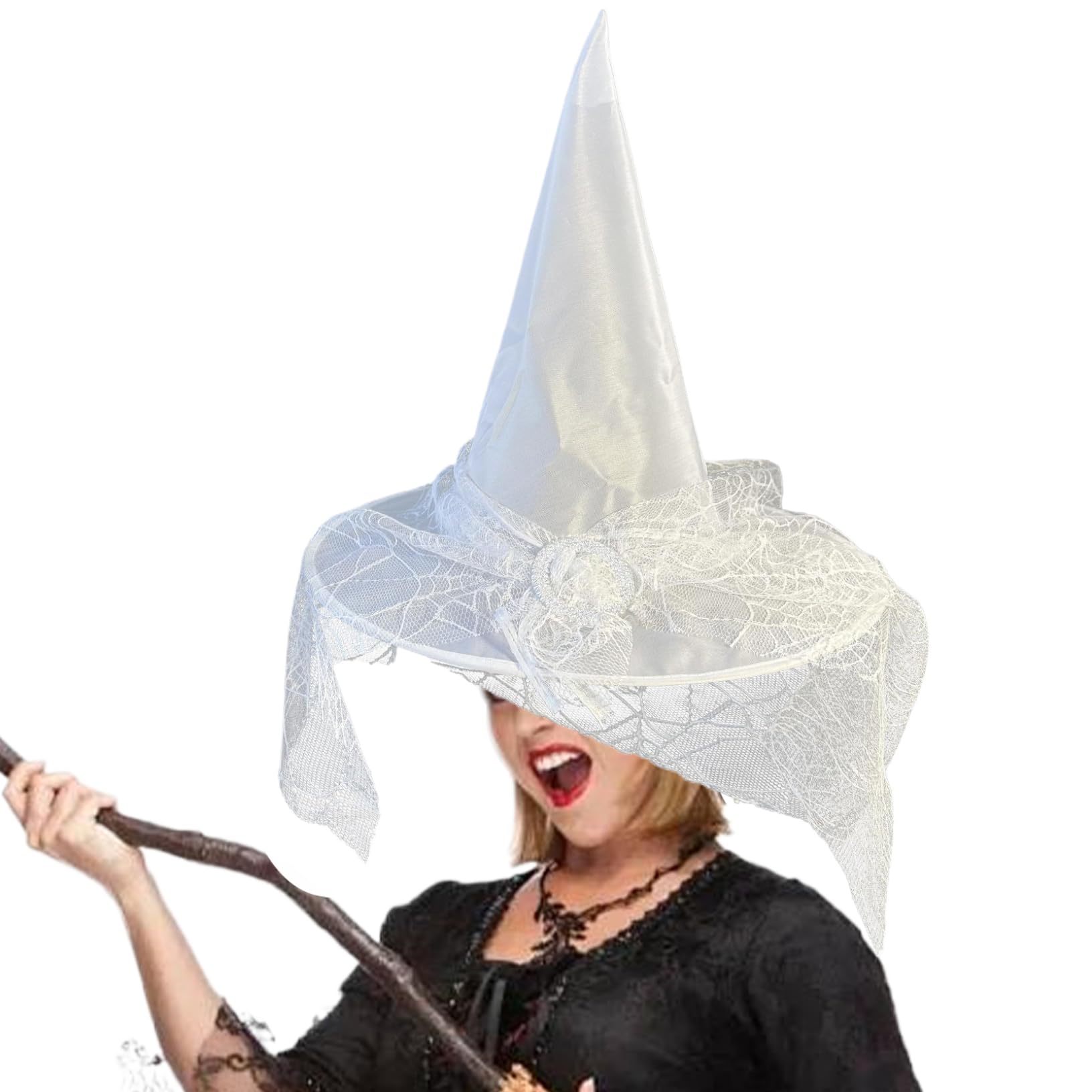 NASSMOSSE Witch Hat for Women Lace Wizard Hat White Witch Crazy for Costume, Cosplay, Halloween Party