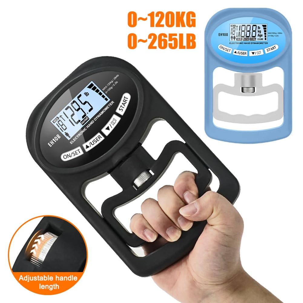 Probador de Fuerza de Agarre 265Lbs/120Kg DinamóMetro de Mano Digital Medidor de Fuerza de Agarre USB Pantalla LCD, Negro