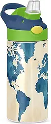 Garrafa de água infantil isolada com tampas de canudo Garrafas de água de aço inoxidável para crianças 350 ml mapa do mundo em aquarela