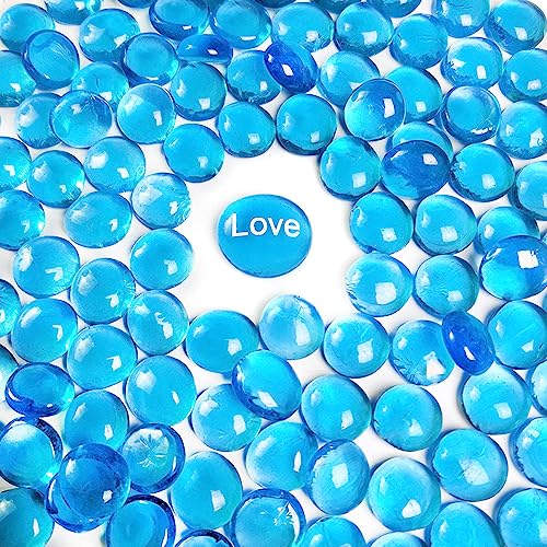 Image of 5 LB Sea Blue Glass Gems Flat Marbles with 1 Pc Large Inspirational Beads | Vase Fillers, Aquarium Fish Tank Pebbles,Fountain Stones,Floral Arrangement,Mosaics Crafts,Fire Glass Drops
