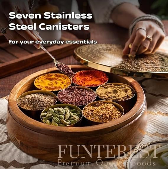 Image of FUNTEREST Wooden Masala Box with Lid & Spoon | (Masala Dabba 120 Ml, 7 Bowls) | Handcrafted Kitchen Organizer for Spices | Spice Storage Container for Indian Kitchen| Gift for Mother & Girah Pravesh