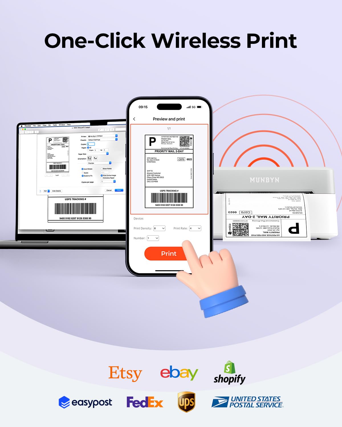 MUNBYN Bluetooth Etikettendrucker DHL, Label Printer 4x6, Labeldrucker Thermodrucker für Shopify, Etsy, DHL, Evri, DPD,UPS, FedEx, 403B, Weiß
