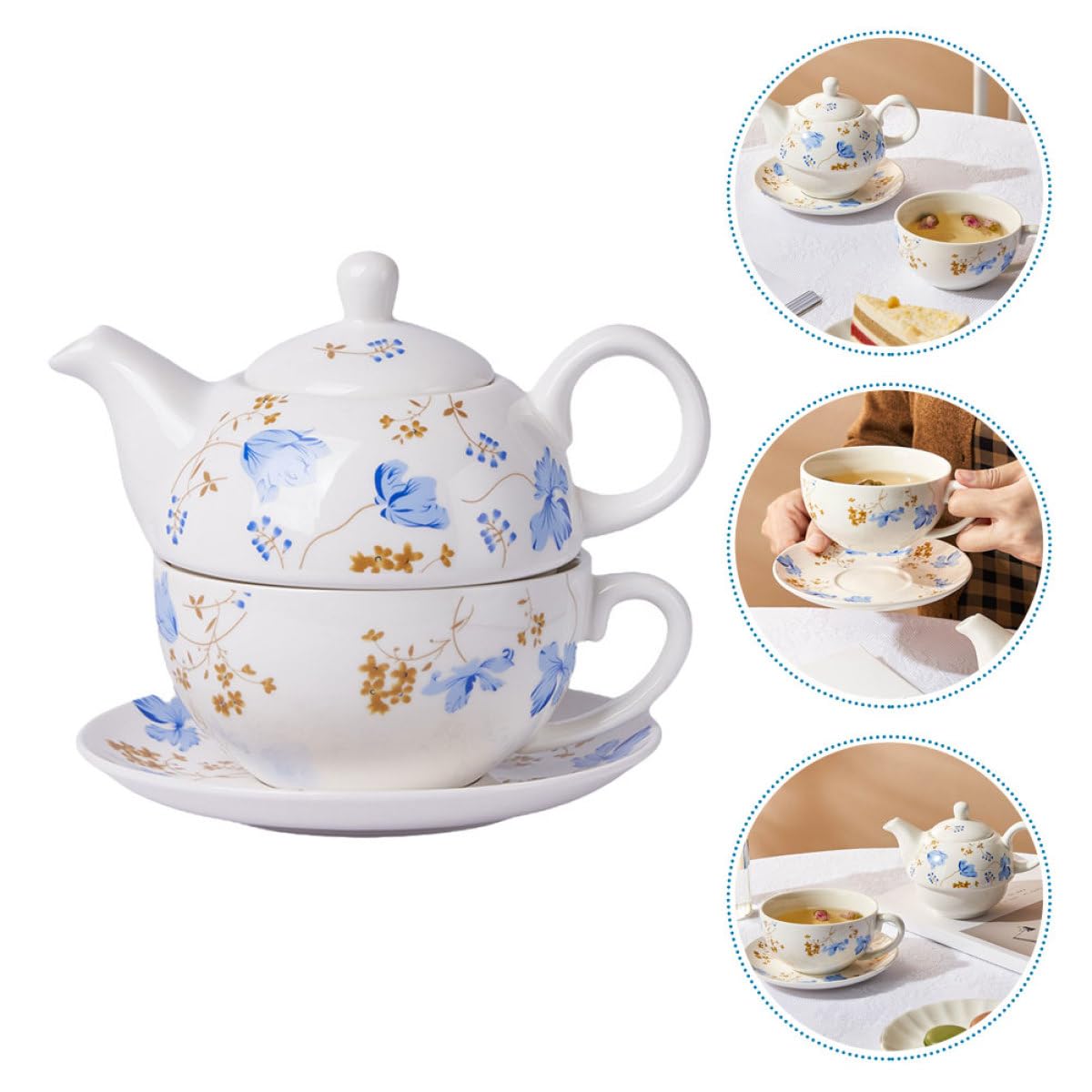 Abaodam Juego de Té de Cerámica con Tetera de 480ml y Taza de 350ml, Diseño Retro y Superficie Delicada, Adecuado para Hojas Sueltas y Agua de Frutas en Festivales o Regalos