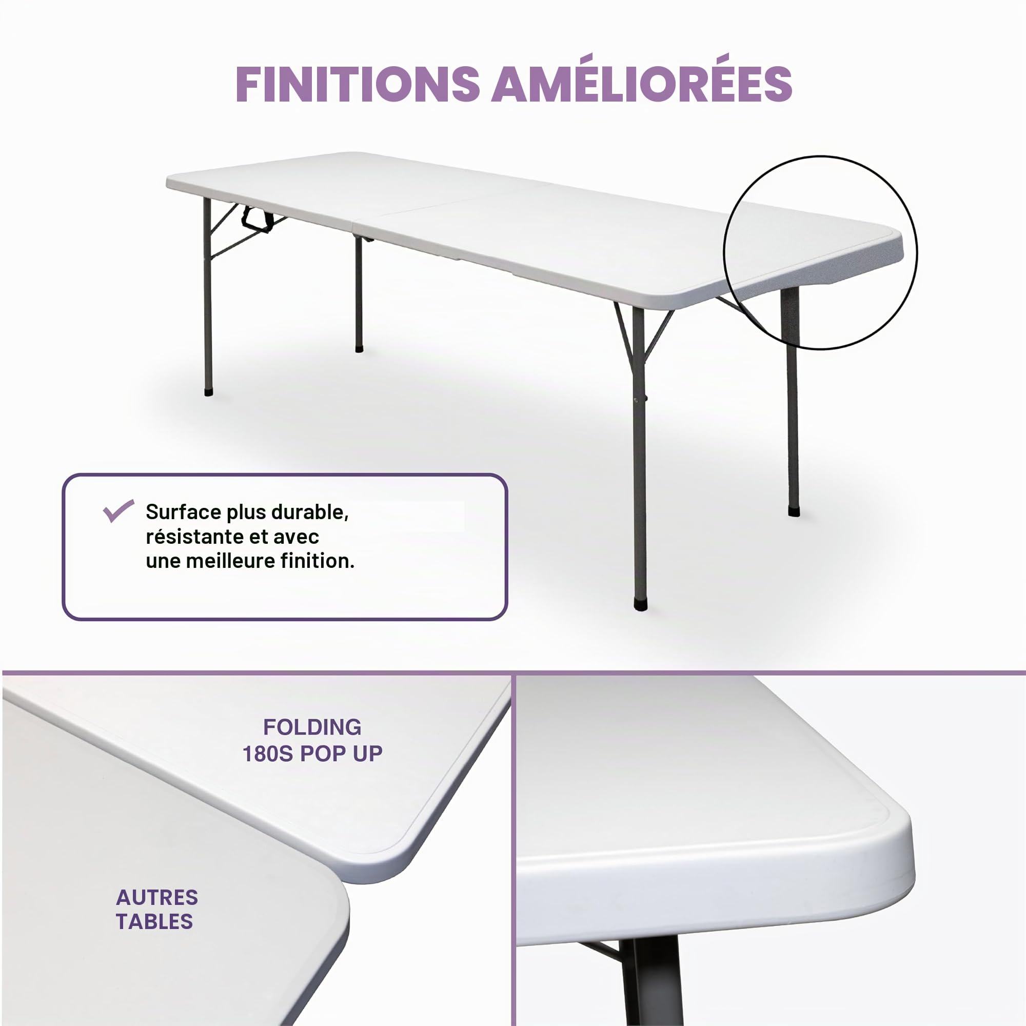 KG KITGARDEN Table Pliante Portable à Ouverture Automatique, 180 x 70 x 74 cm, Blanc