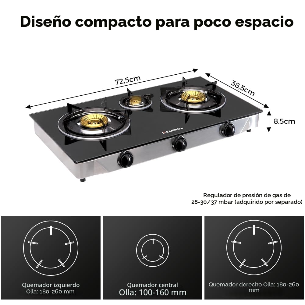 CAMPLUX Explorer Cocina de Gas de 3 Fuegos, 6,25 kW, Butano (28-30mbar) / Propano (37mbar), para Camping, Vanlife y Jardín, TC03GBEU