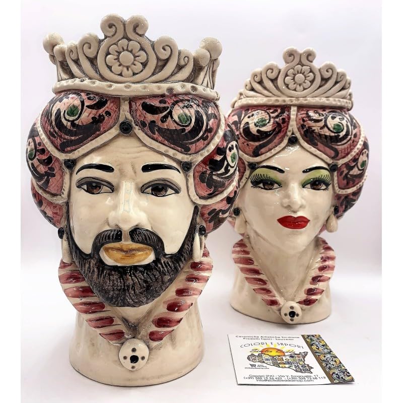 Cabeza siciliana de cerámica de Caltagirone rosa de 30 cm modelo normando mujer