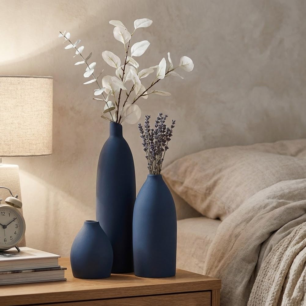 Keramik Vase 3er Set - Moderne Dekorative Vasen, Kleine Blumen Keramik Vase Sets, Boho Bauernhaus Rustikale Vasen für Wohnzimmer, Küche, Schlafzimmer, Badezimmer, Regal, Tisch (Blau)
