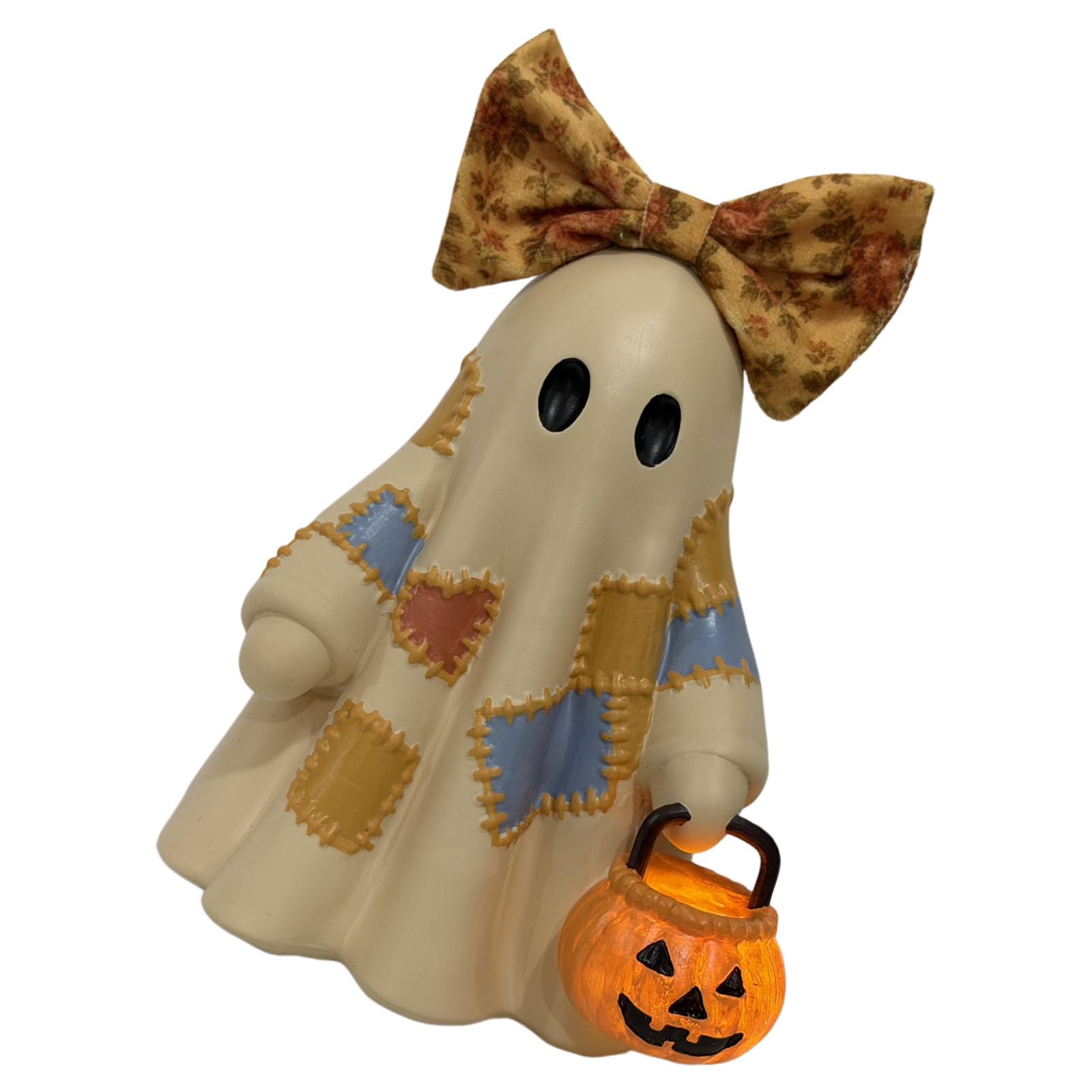 Lighted Patchwork Ghosty Halloween Figurine Resin Table Decor, 24Cm / 9.45Inch Freestanding Pumpkin Bucket Accent for Shelf, Counter, Party Table, Home Display Halloween Patchwork Ghosty Lamp Light Up