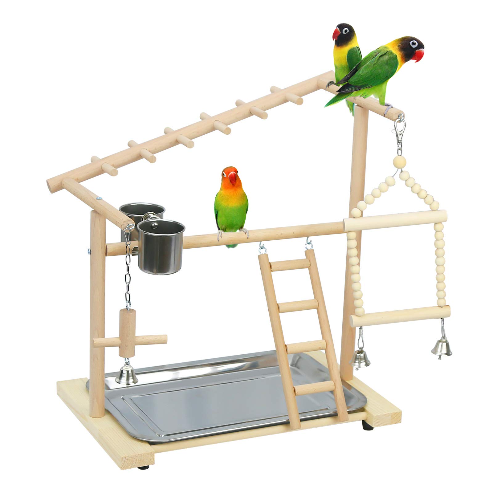 Parrot Playstand Bird Playground Birdcage Wood Perch Stand Ladder Swing with with Feeder Cups Birds Play Gym Cockatiel Playground Include Hanging Bell Swing Ladders