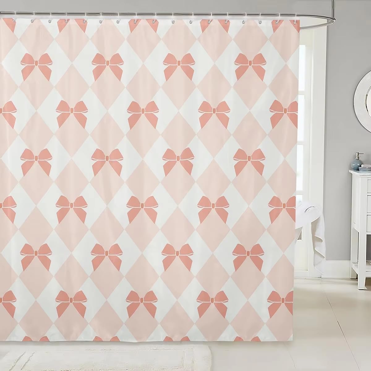 KELAIMI Argyle Bow Shower Curtain,Cute Coquette Style Geometric Bathroom Curtains,Simple Waterproof Polyester Fabric Bathtub Curtains with Hooks Orange 90X180Cm