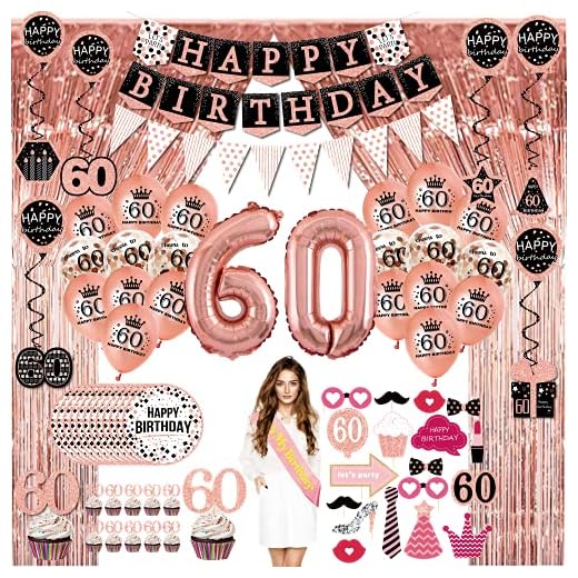 Paquete de 76 pancartas fiesta cumpleaños oro rosa, banderines, guirnaldas en espiral, globos, cortinas espumillón, decoración cupcakes, platos cartón, accesorios para fotos, banda