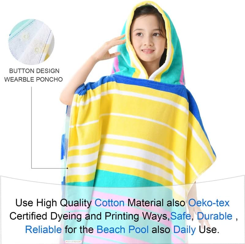 VOOVA & MOVAS Hooded Towels Poncho for Big Kids, Oversized (6-12Years,26"X64") Made from 100% Soft Cotton,Perfect for Swimming | Bathing | Beach | Birthday Gifts, Colorful Stripe - Image 3