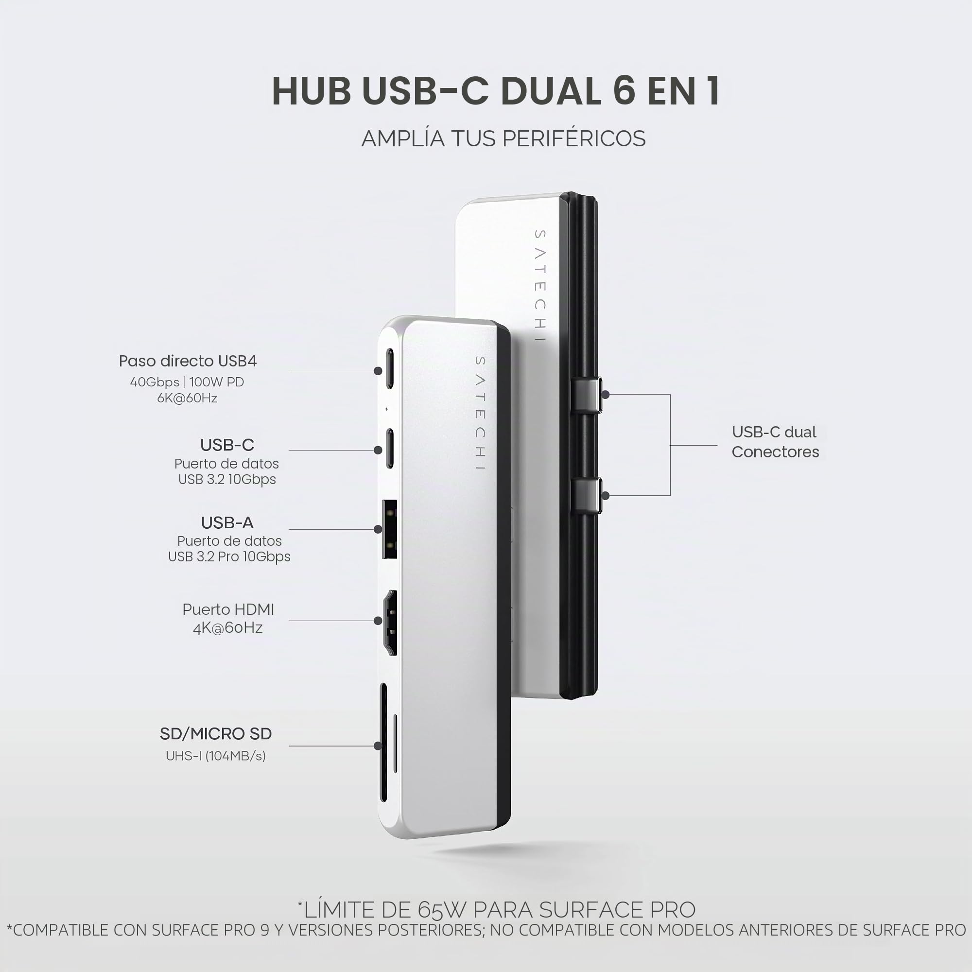 SATECHI Hub Dual USB C 6 en 1 para Surface Pro, 100W, USB4 40Gbps