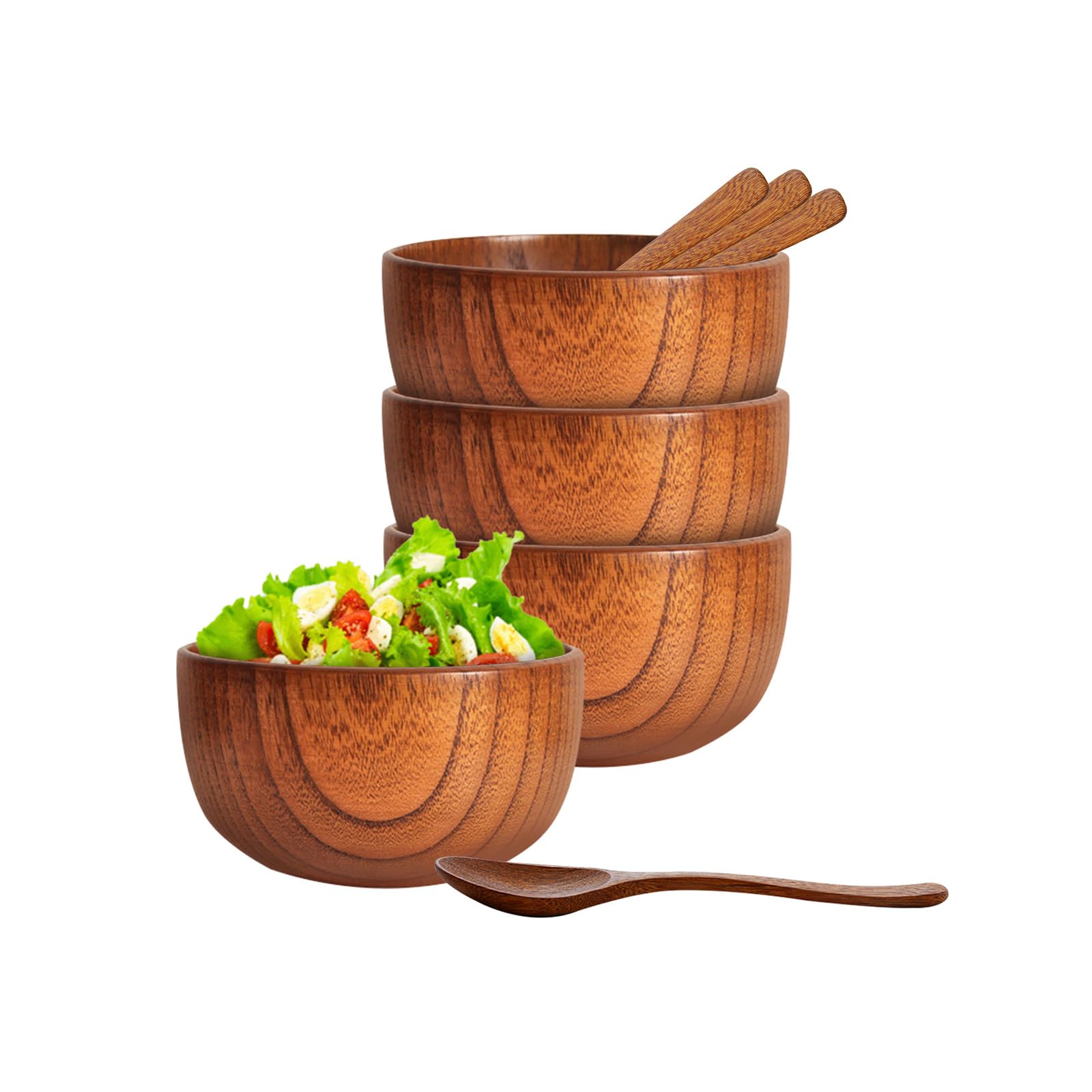 Hyuetrsa 4 Pcs Acacia Wooden Bowl,Small Round Wood Bowls with Spoon for serving salad salsa dip sauce snack rice pasta cereal fruit Decor Tableware Side Dish Sets Wooden bowl 8x5cm,Spoon 12x3cm
