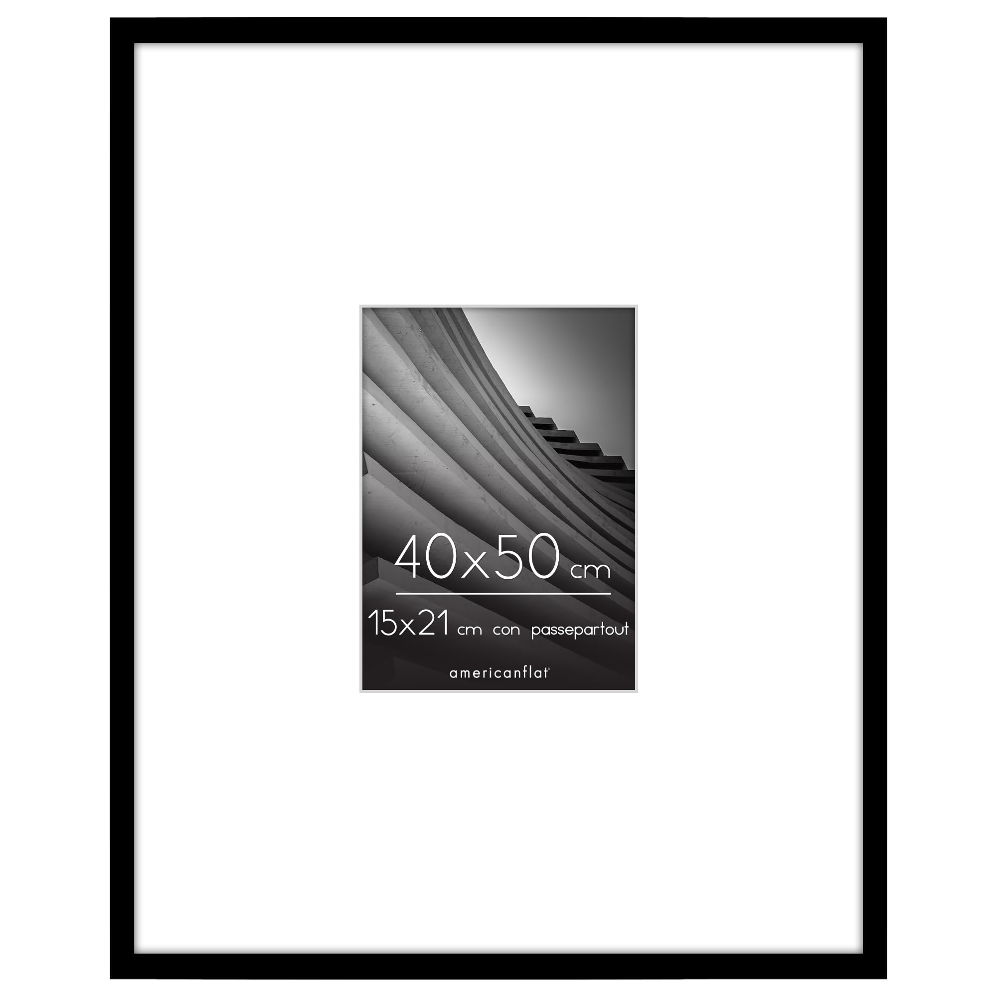 Americanflat Cornice 40x50 cm Nera - Cornice Foto 15x21 cm con Passepartout o 50x40 cm Senza Passepartout - Portafoto con Bordo Sottile in PVC e Pannello Protettivo in Plastica